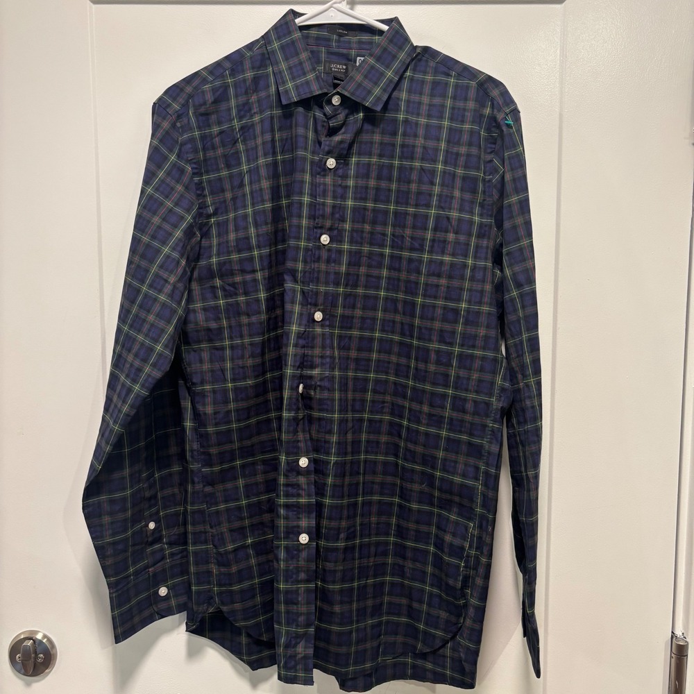 J.Crew Ludlow Mens M Tartan Plaid 120s 2-Ply‎ Cotton Dress Shirt Navy Green